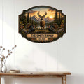 Rustic deer family metal sign displayed on a white wood wall in a warm home setting