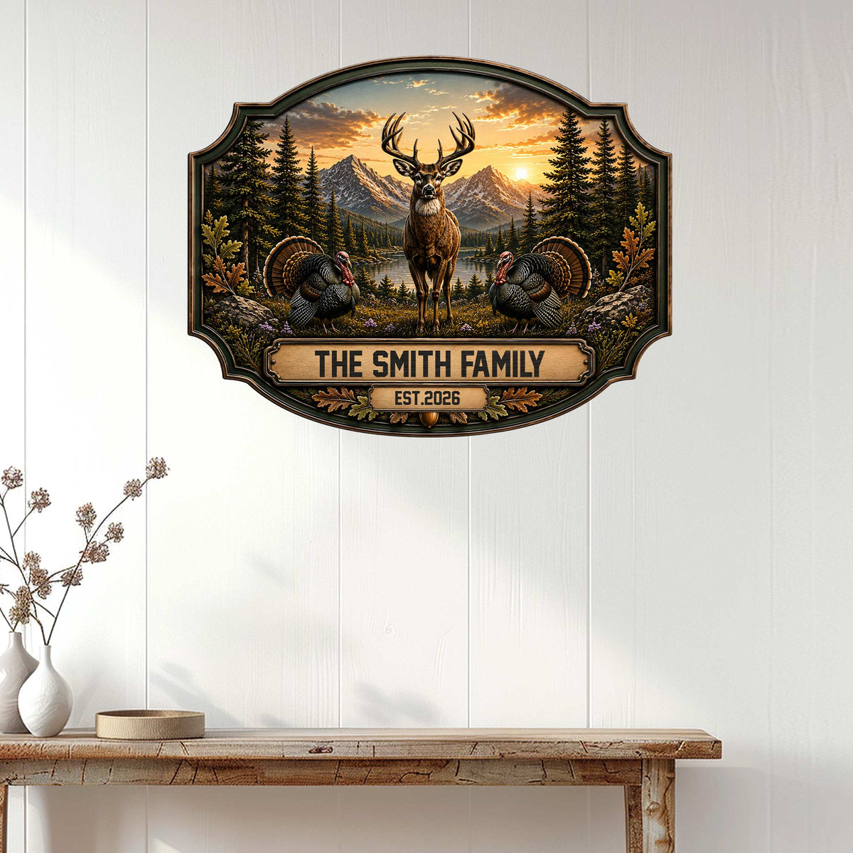 Rustic deer family metal sign displayed on a white wood wall in a warm home setting