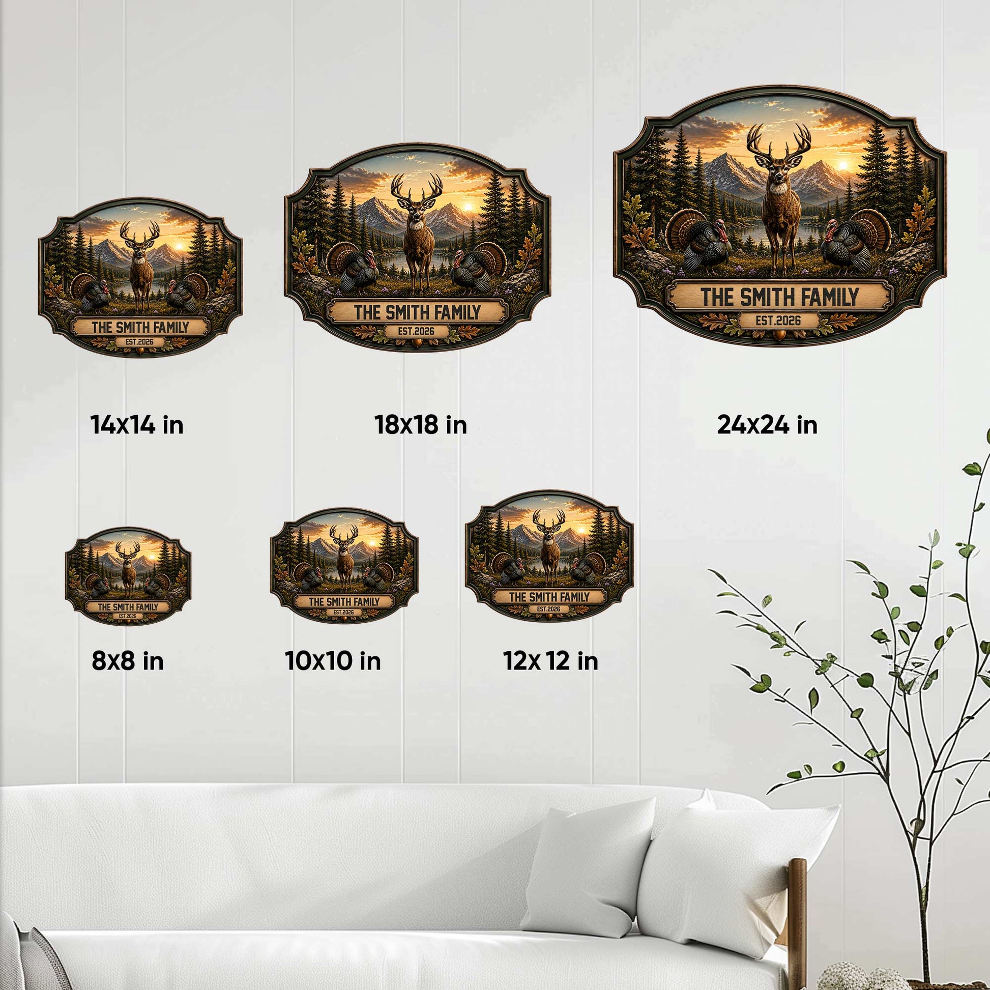 Deer wildlife metal sign size guide showing multiple square size options on a wall