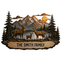 Custom deer family metal sign featuring a buck, doe, and fawn in a mountain forest landscape