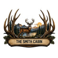 Custom deer metal sign featuring a buck framed by oversized antlers, evergreen trees, mountains, and a lakeside scene.