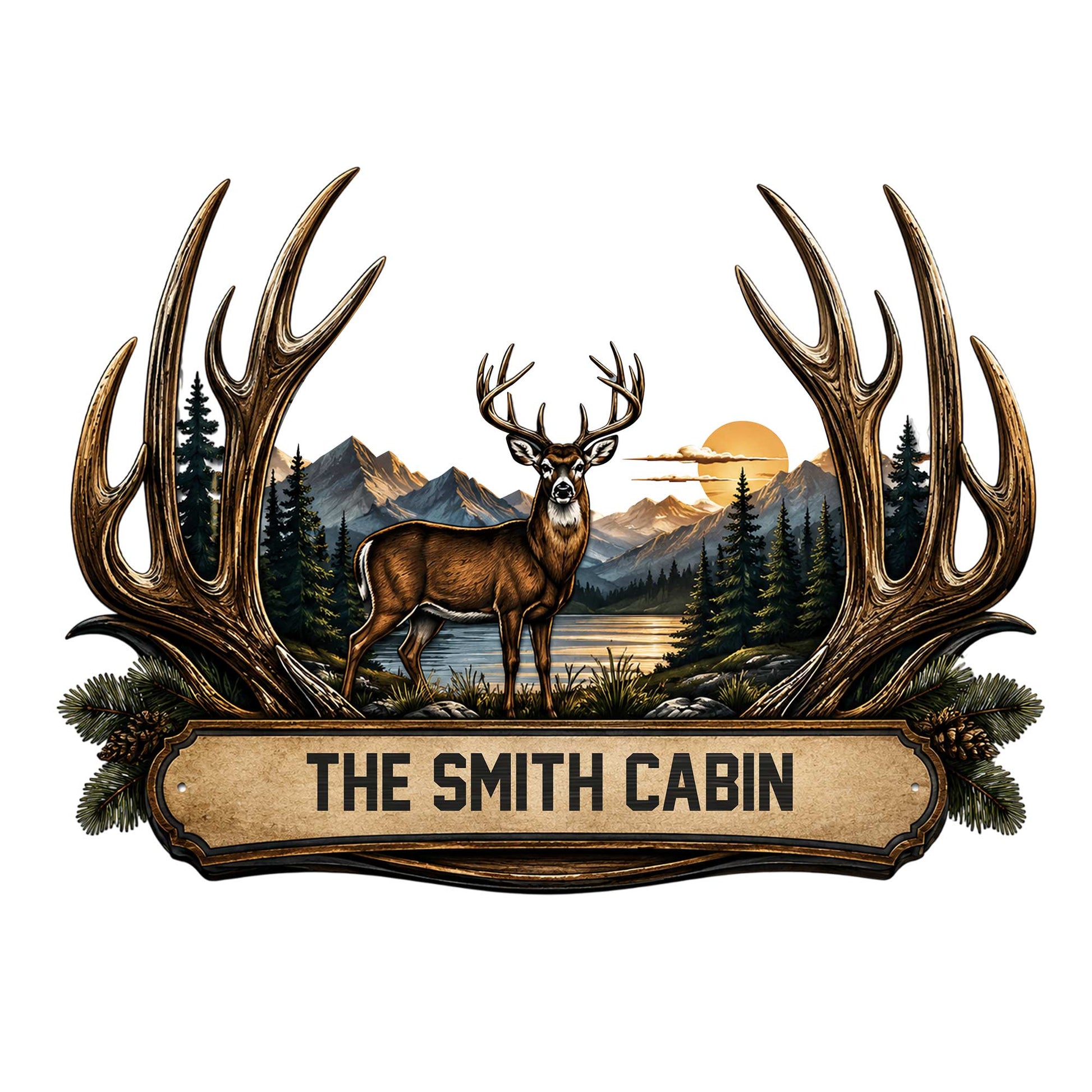 Custom deer metal sign featuring a buck framed by oversized antlers, evergreen trees, mountains, and a lakeside scene.