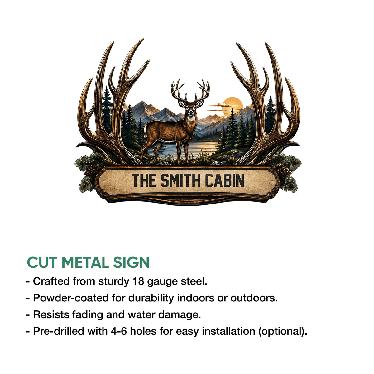 Deer cabin metal sign shown with a buck, mountain lake scene, and oversized antler frame in a product feature graphic.