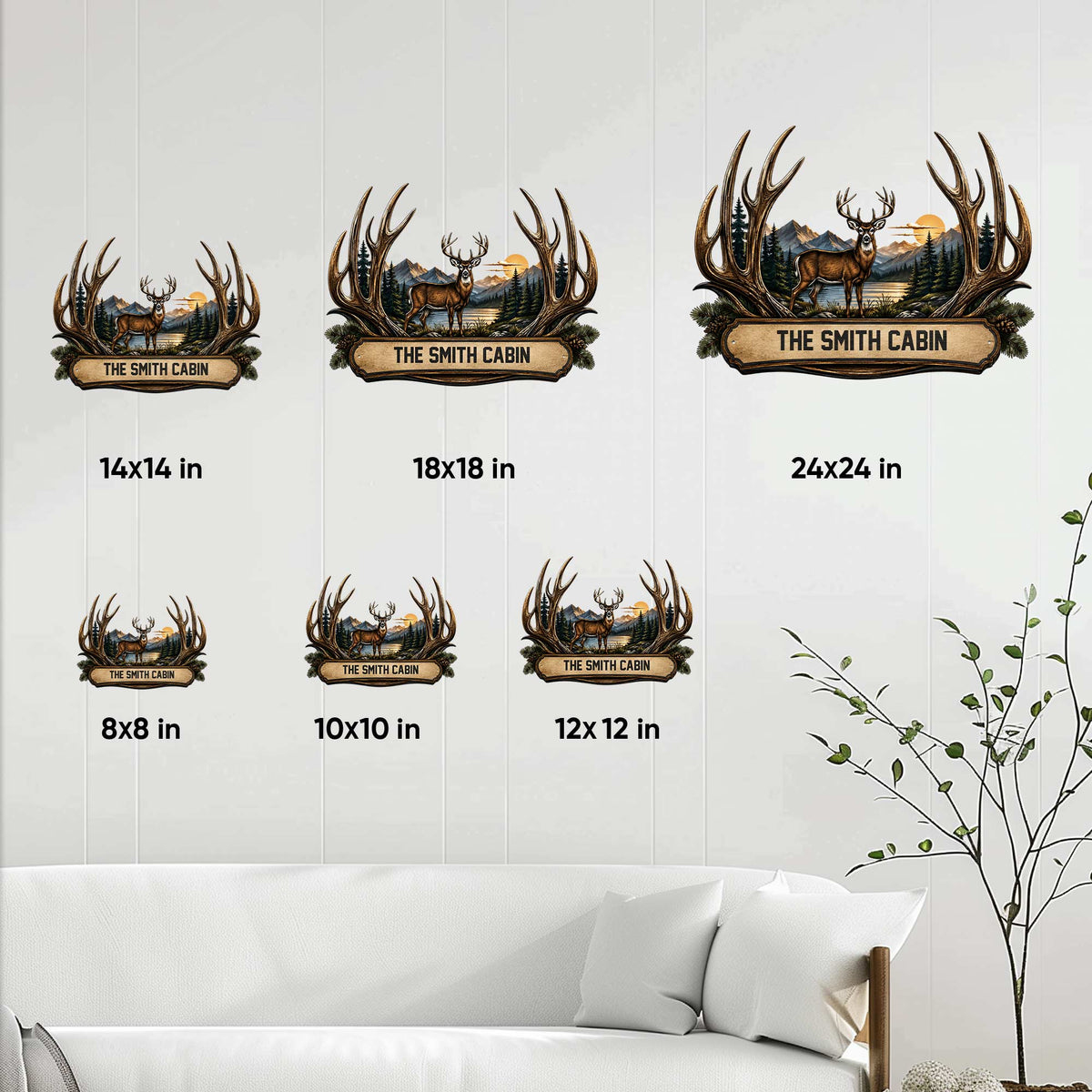 Deer metal sign size guide showing available square sizes from 8x8 inches through 24x24 inches.