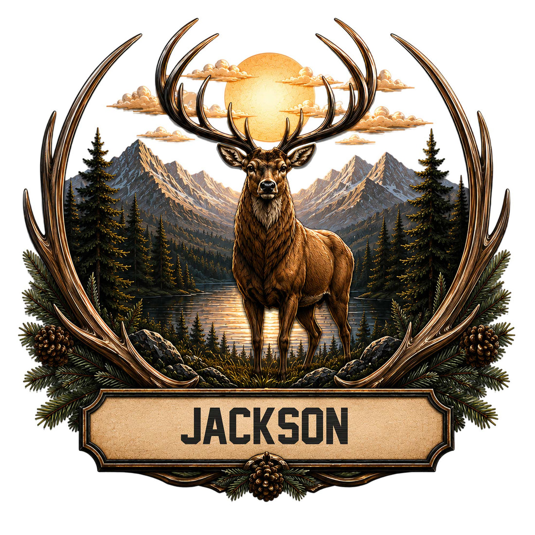 Custom deer metal sign featuring a stag in a mountain forest beneath a golden moon