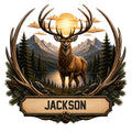 Custom deer metal sign featuring a stag in a mountain forest beneath a golden moon