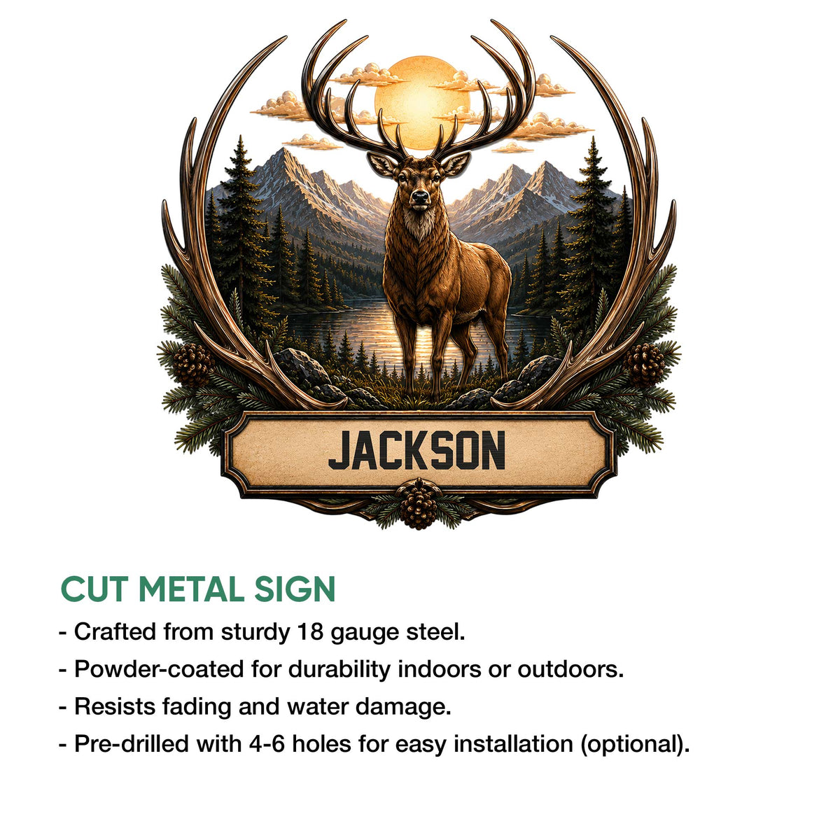 Deer metal sign feature guide showing the mountain stag artwork and cut metal sign details