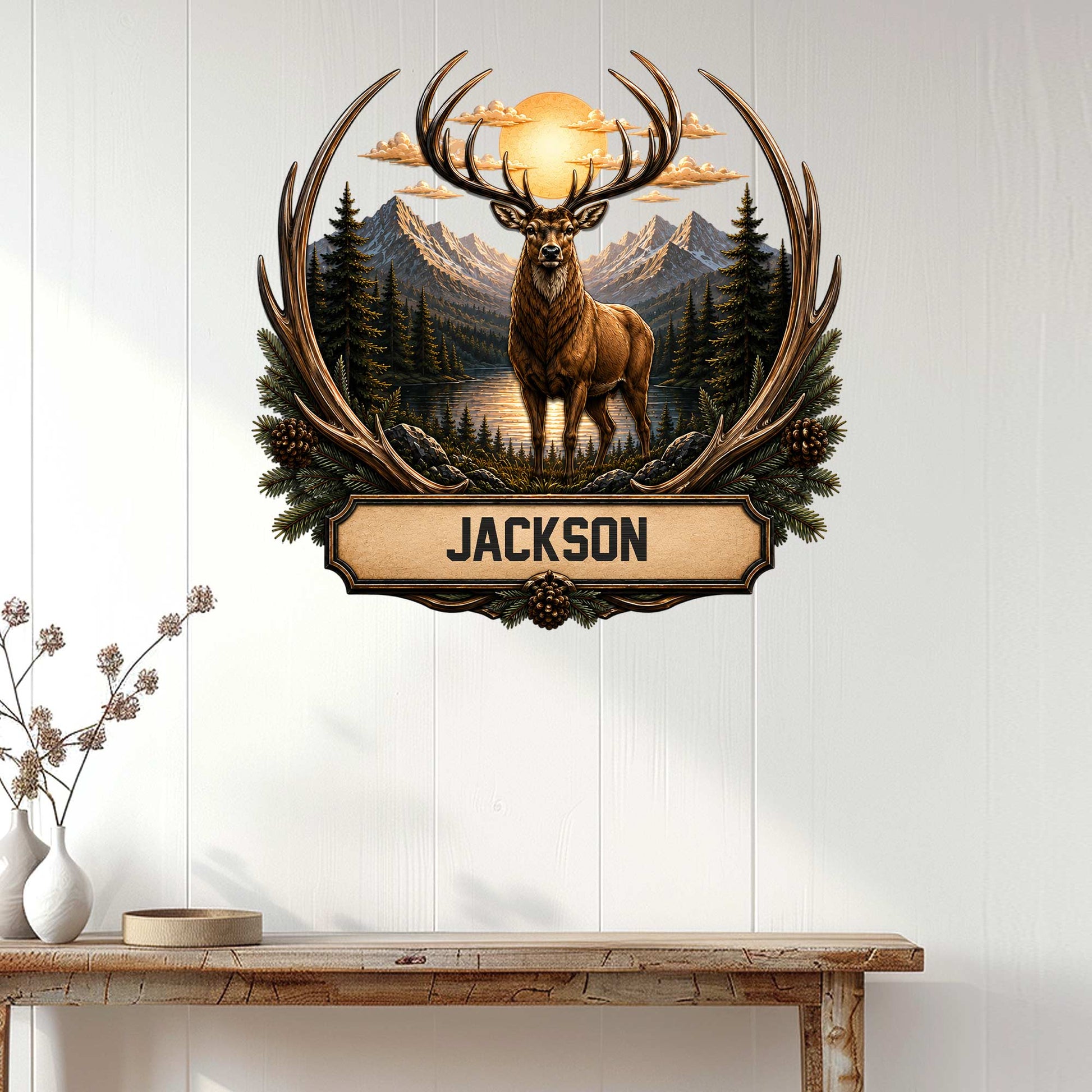 Rustic deer wall sign displayed on a white paneled wall above a wood console table