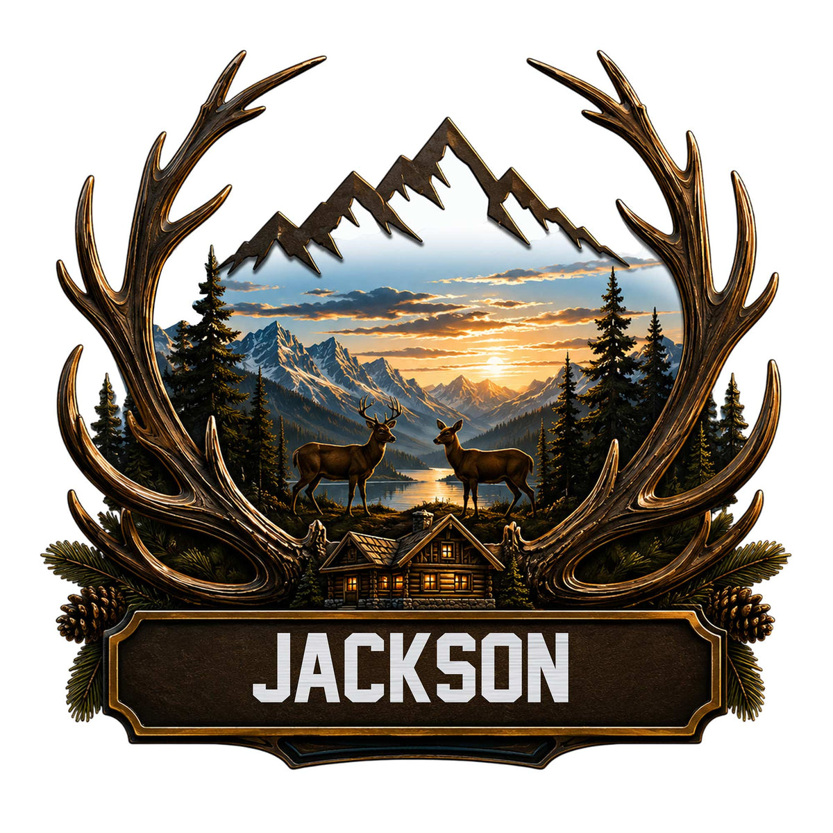 Deer metal sign with large antlers framing two deer, mountain peaks, pine trees, a lake, and a rustic cabin