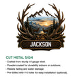 Deer metal sign feature guide showing the antler-framed mountain lodge artwork and product presentation details