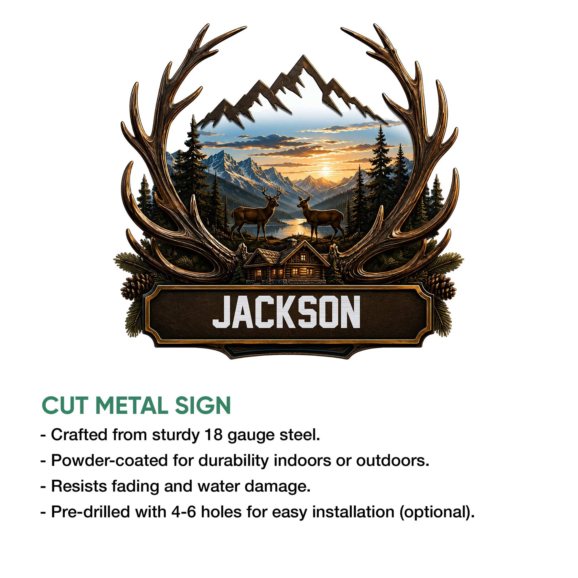 Deer metal sign feature guide showing the antler-framed mountain lodge artwork and product presentation details