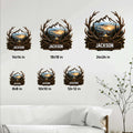 Deer metal sign size guide showing multiple available square size options in a living room setting