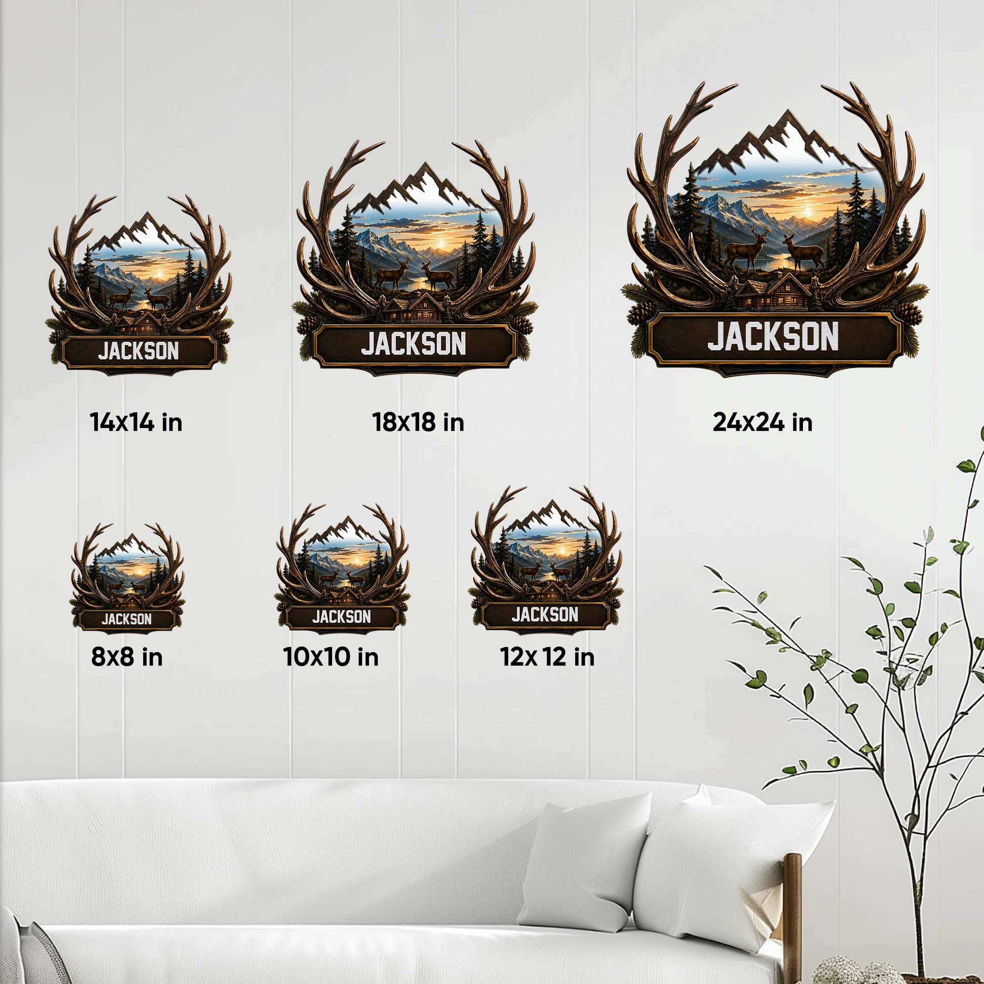 Deer metal sign size guide showing multiple available square size options in a living room setting