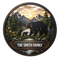 Circular custom bear family metal sign featuring bears in a mountain forest beside a flowing river