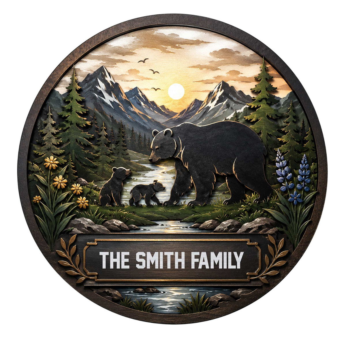 Circular custom bear family metal sign featuring bears in a mountain forest beside a flowing river
