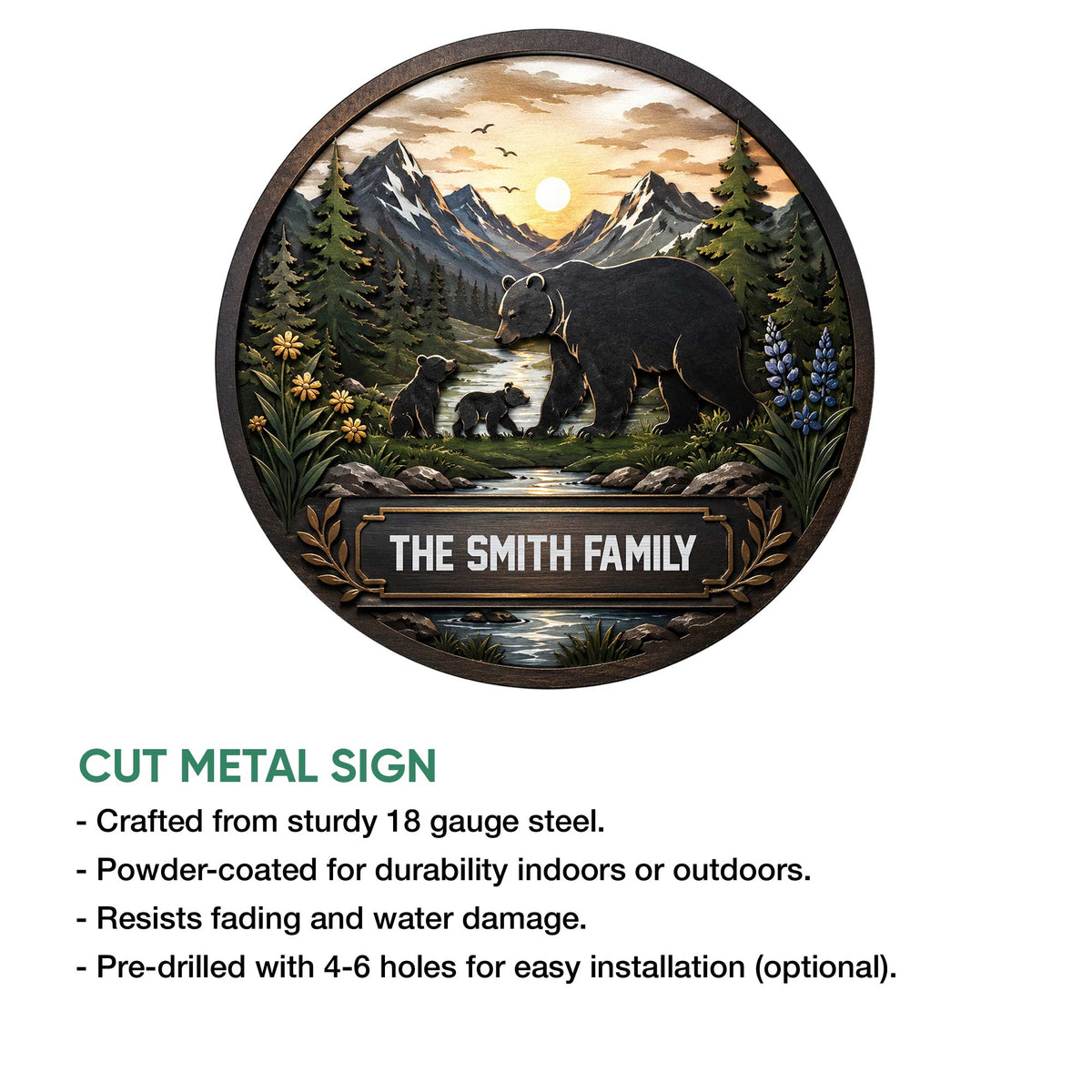 Bear family metal sign shown in a cut-metal feature graphic with a mountain wildlife scene
