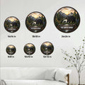 Bear family metal sign size guide showing several circular size options in a home setting