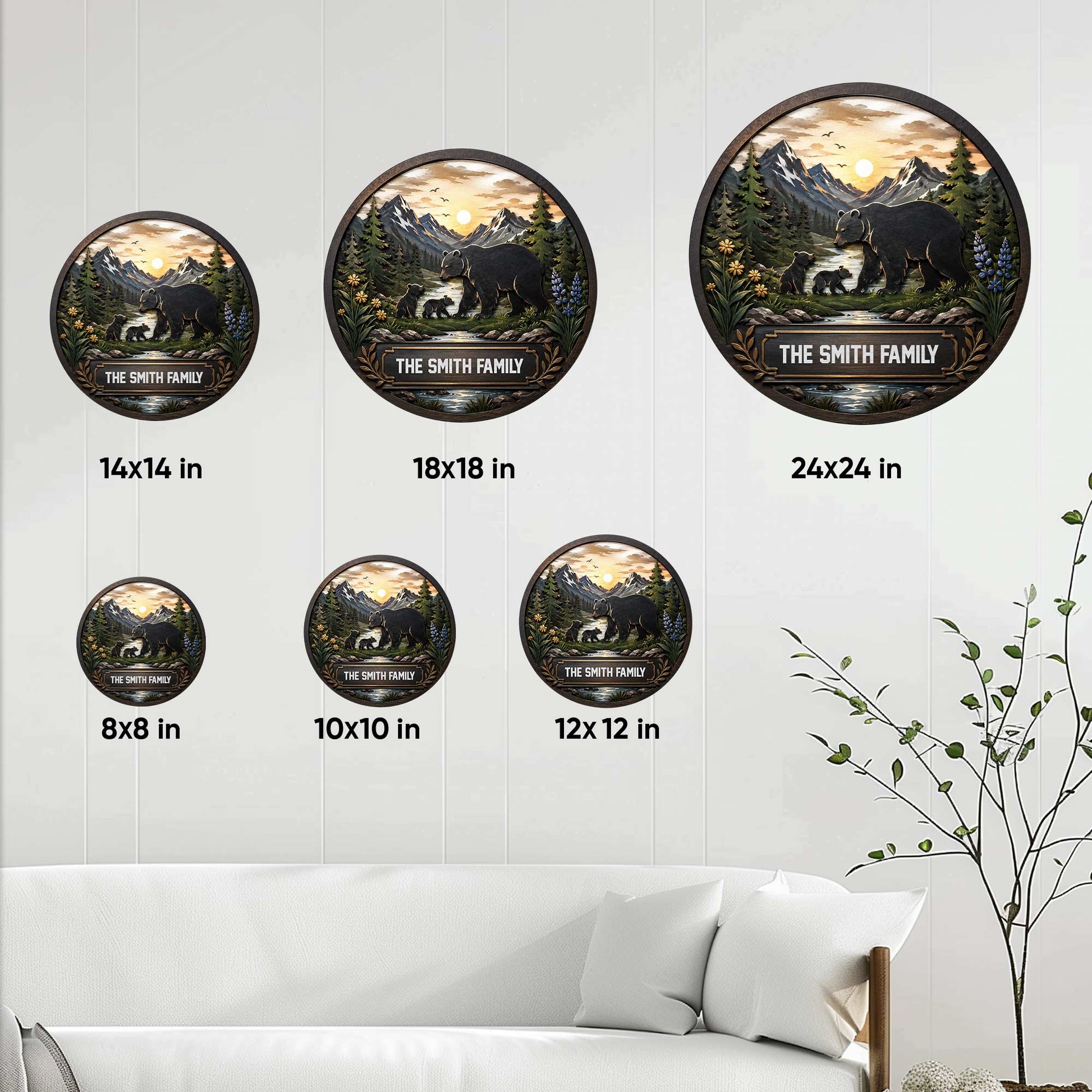 Bear family metal sign size guide showing several circular size options in a home setting