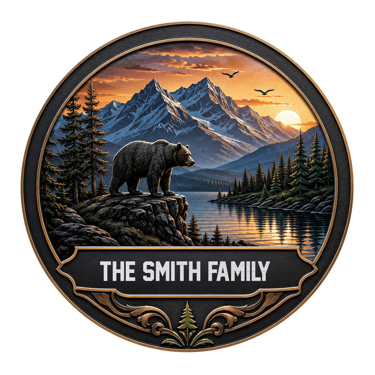 Round bear metal sign featuring a black bear overlooking a mountain lake at sunset