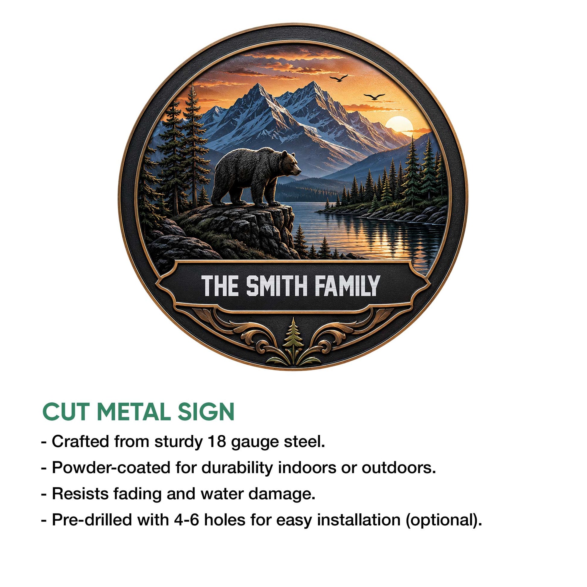 Bear metal sign with a mountain wilderness scene, ornate border, and indoor or outdoor display details