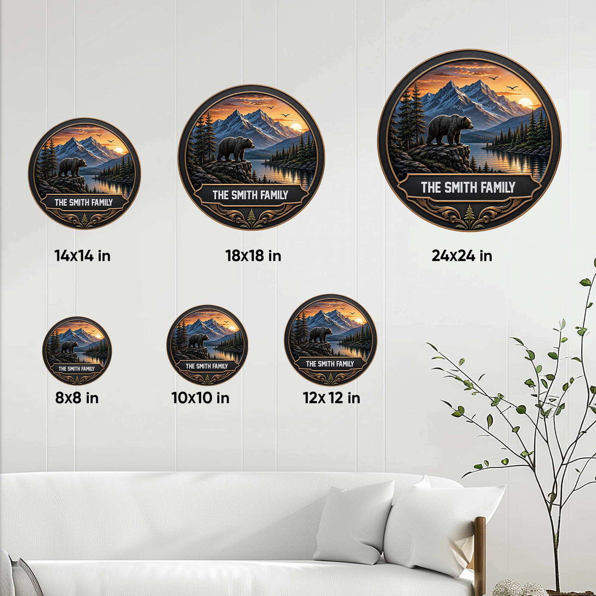 Bear metal sign size guide showing round options from 8 by 8 to 24 by 24 inches