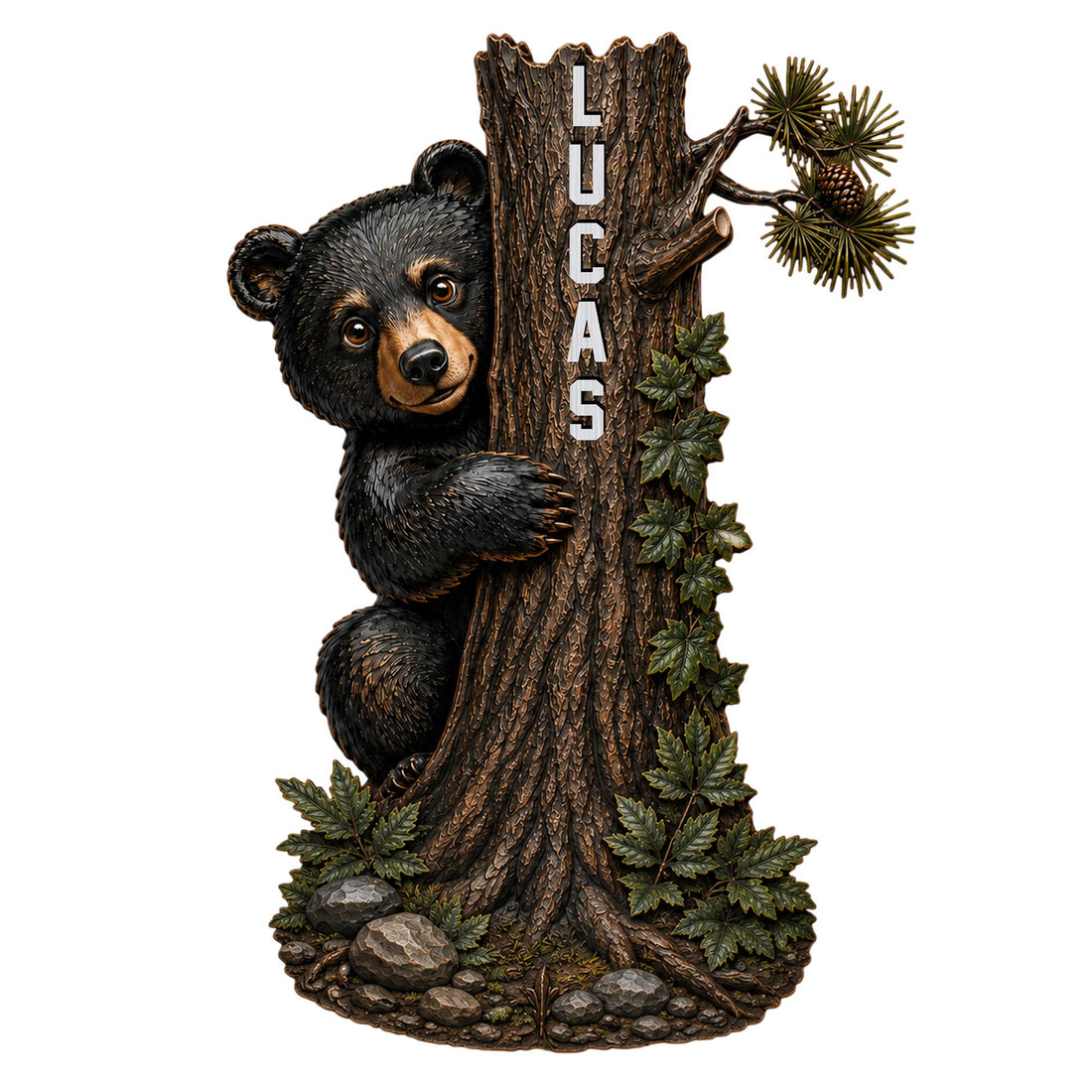 Detailed black bear cub peeking around a tree in a forest-inspired metal sign design