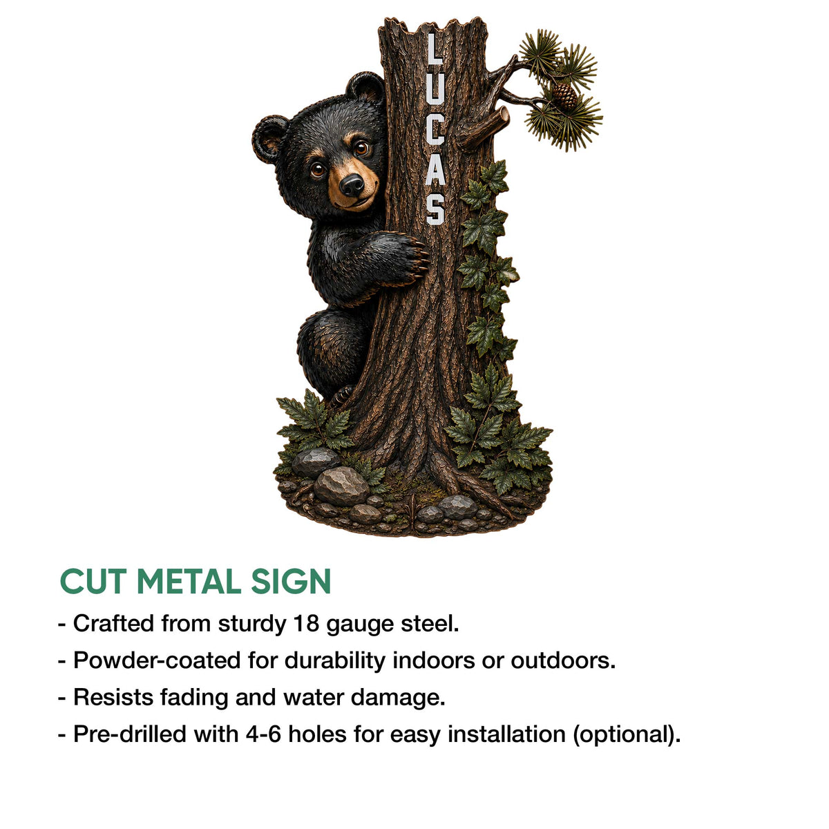 Black bear and tree metal sign shown with a cut-metal sign feature information guide