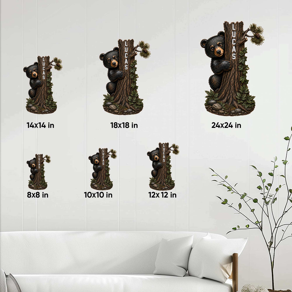 Bear tree metal sign size guide showing available square sizes from 8 by 8 to 24 by 24 inches