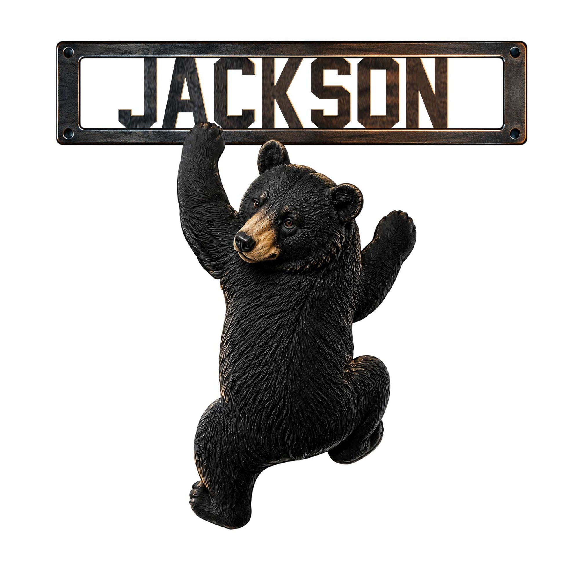 Custom bear metal sign featuring a detailed black bear climbing beneath a rustic framed design