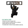Climbing black bear cut metal sign shown with product feature details and mounting holes