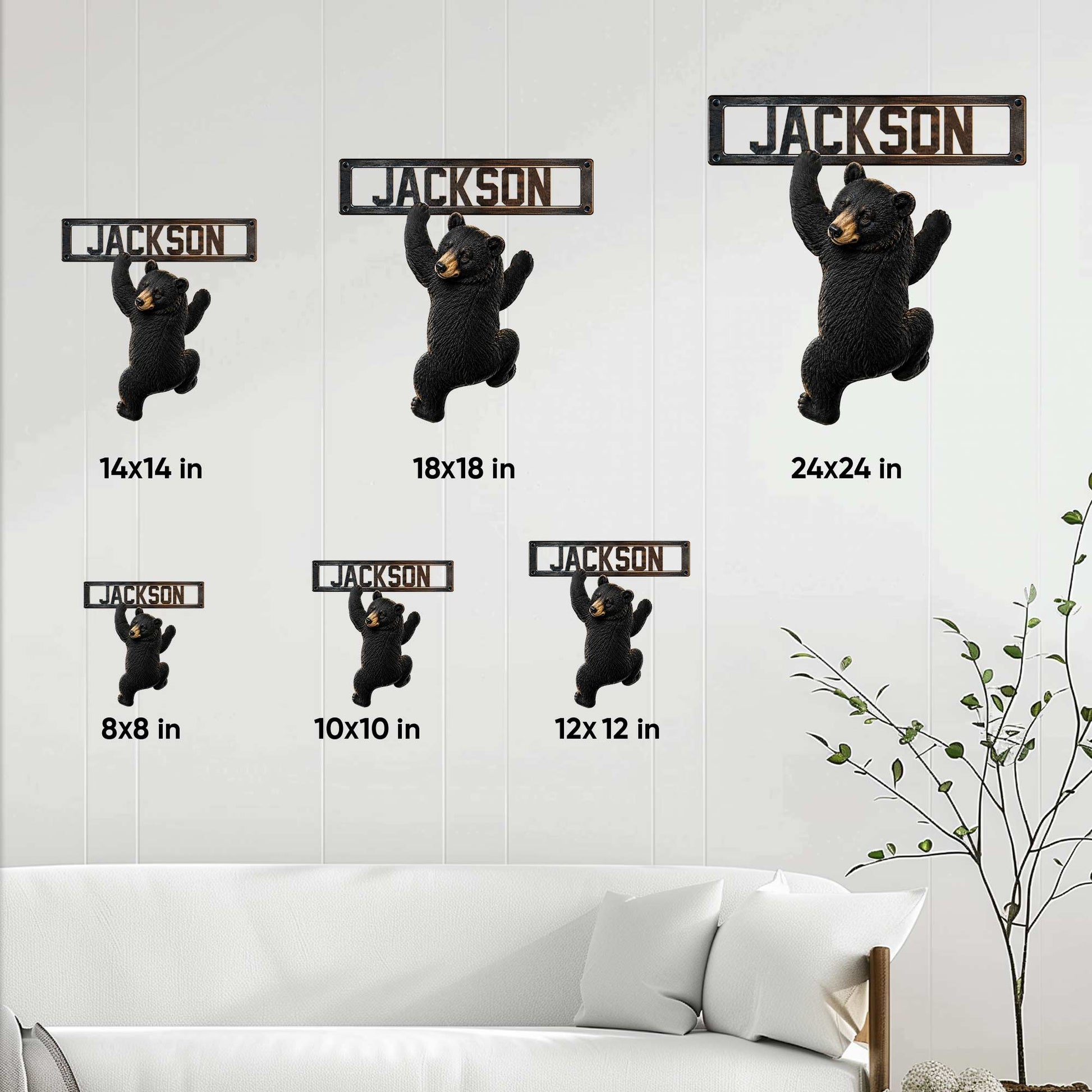 Climbing bear metal sign shown in multiple size options from 8 by 8 to 24 by 24 inches