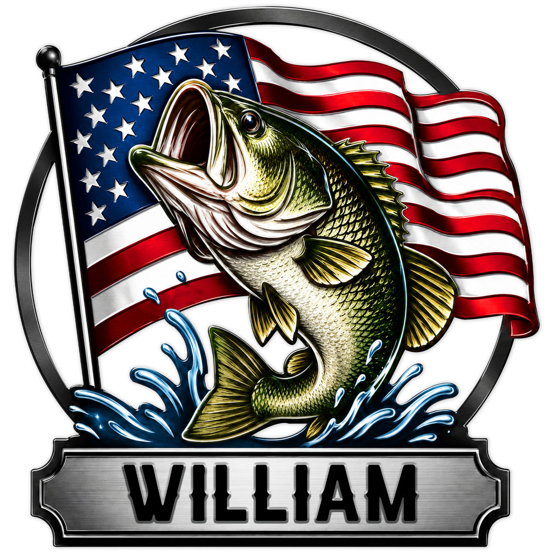 Custom bass fishing metal sign featuring a leaping largemouth bass, American flag, and stylized water