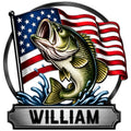 Custom bass fishing metal sign featuring a leaping largemouth bass, American flag, and stylized water