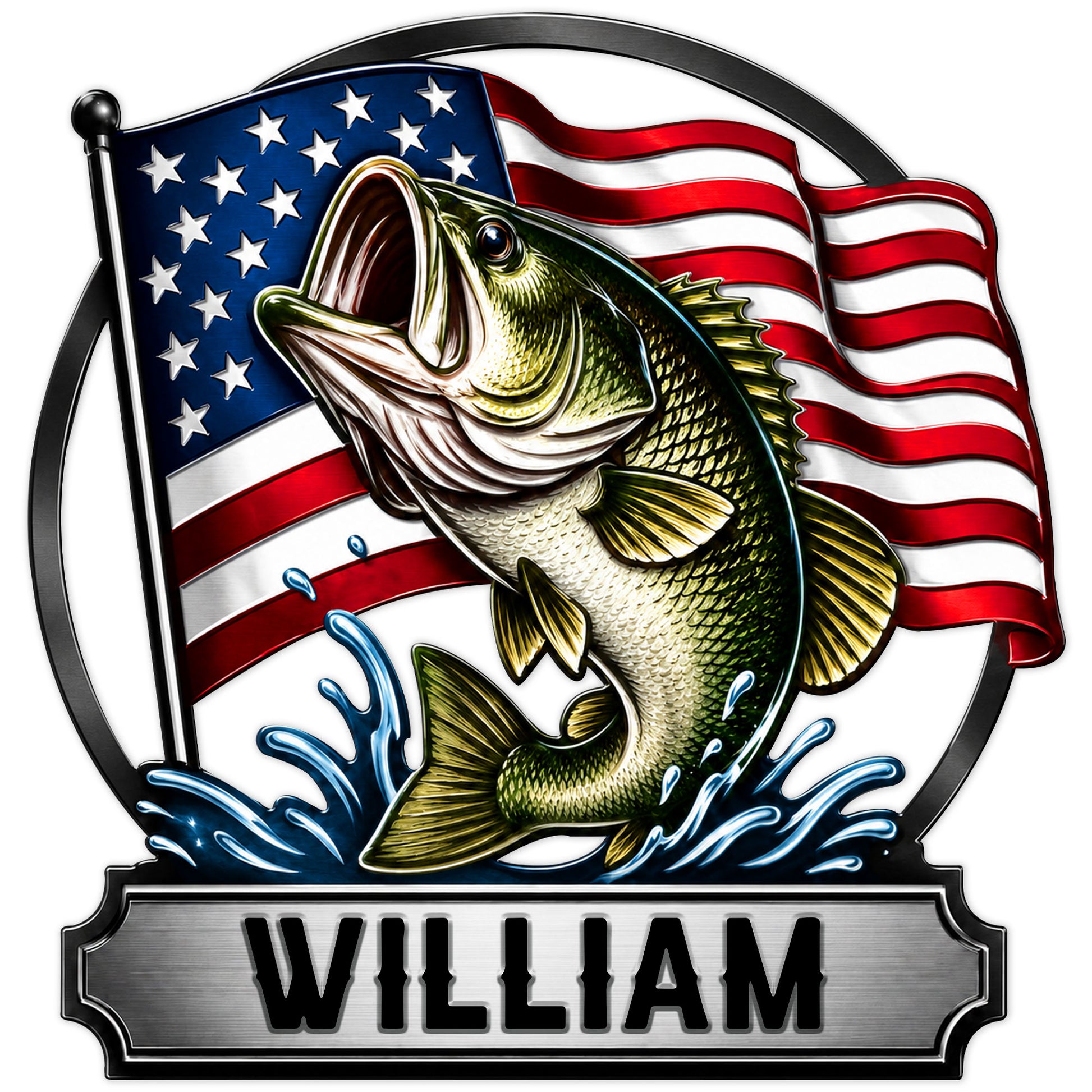 Custom bass fishing metal sign featuring a leaping largemouth bass, American flag, and stylized water