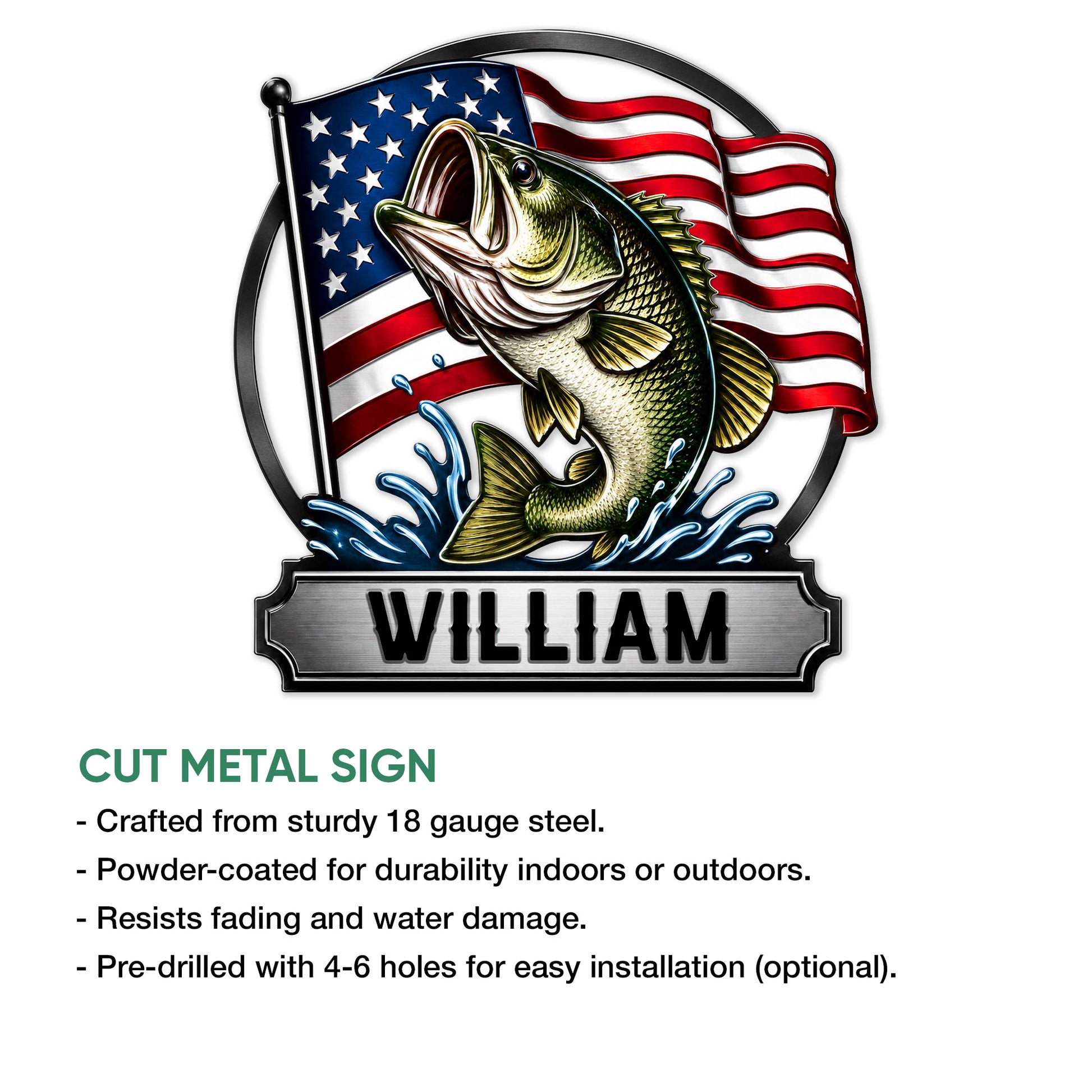 Bass fishing metal sign shown with a patriotic fish design and product feature information