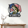 Patriotic bass fishing wall sign displayed above a console table in a bright home interior