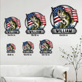 Bass fishing metal sign size guide showing six available dimensions from 8 by 8 to 24 by 24 inches