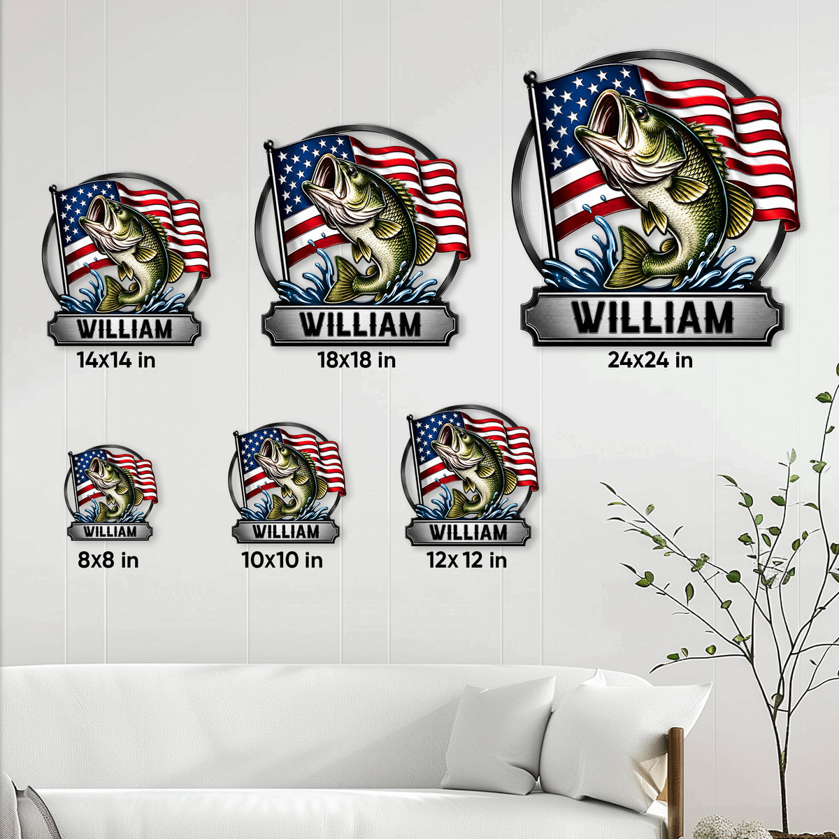 Bass fishing metal sign size guide showing six available dimensions from 8 by 8 to 24 by 24 inches