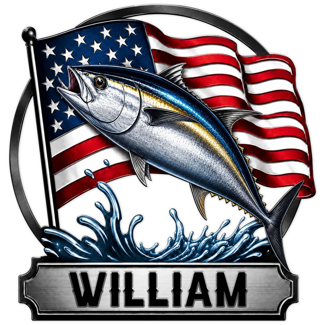 Custom fishing metal sign featuring a leaping sport fish, ocean waves, and an American flag