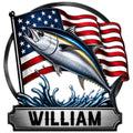 Custom fishing metal sign featuring a leaping sport fish, ocean waves, and an American flag