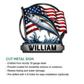 Fishing metal sign shown with an American flag and sport fish beside a cut metal sign feature guide