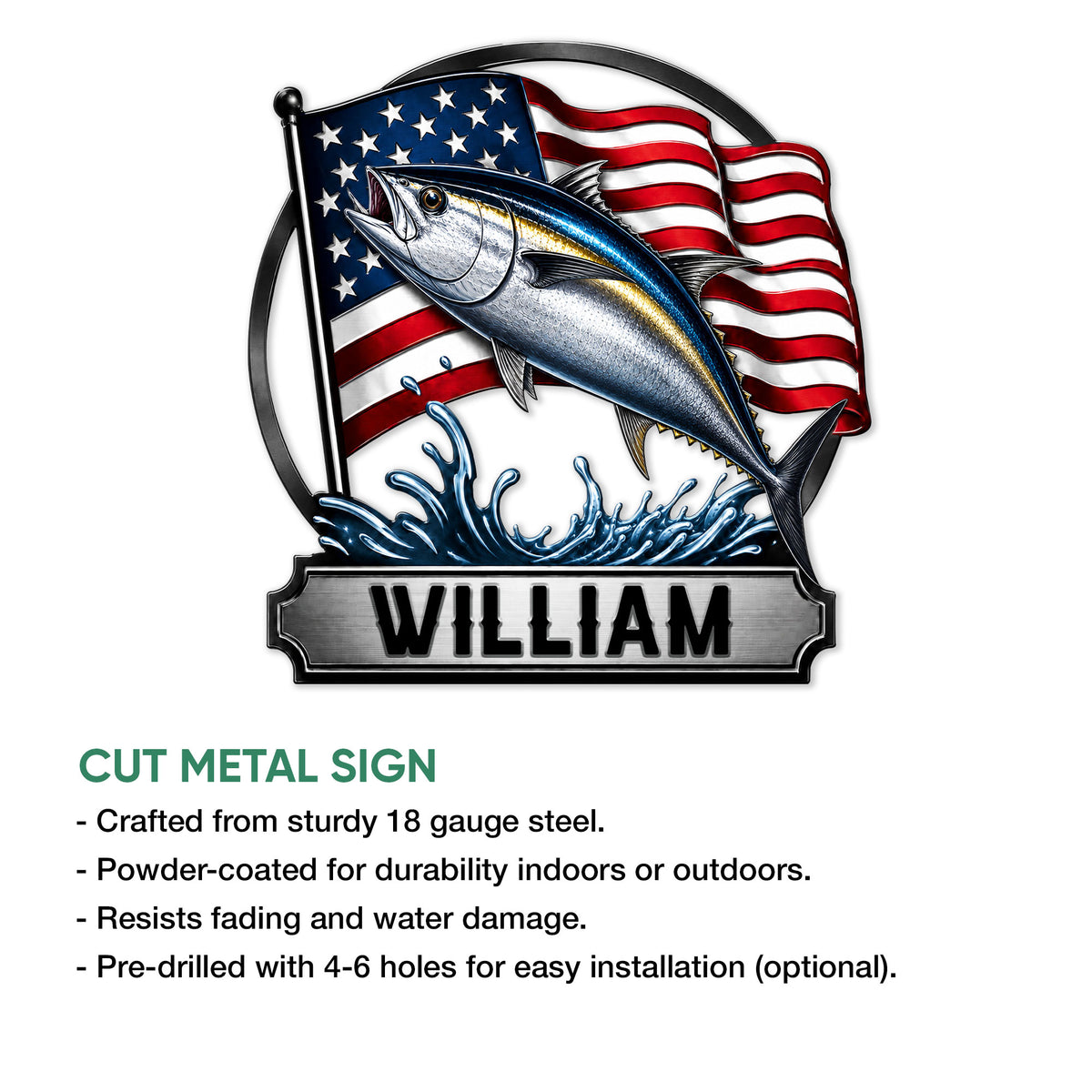 Fishing metal sign shown with an American flag and sport fish beside a cut metal sign feature guide