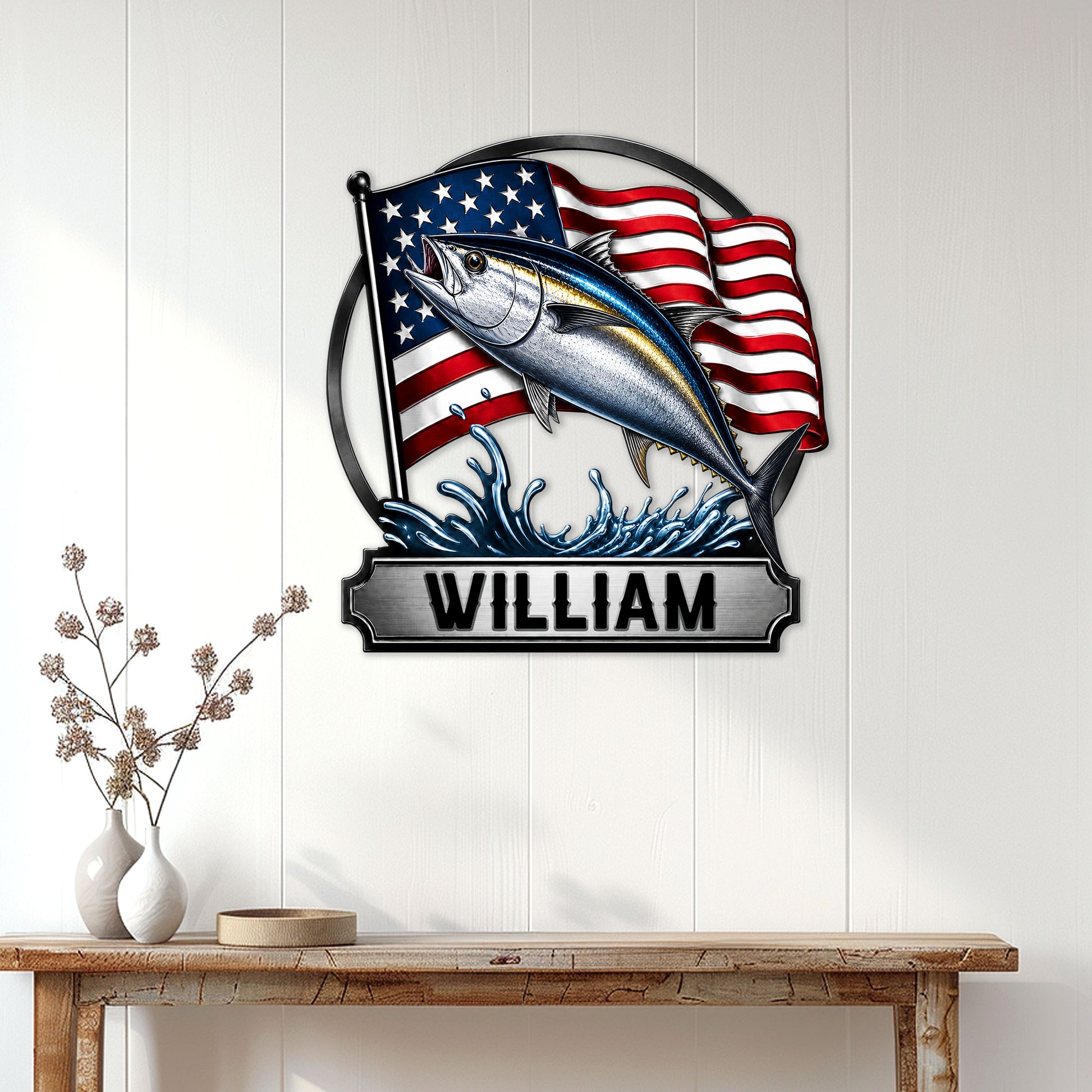 Fishing wall sign displayed above a console table, featuring a sport fish and patriotic American flag design