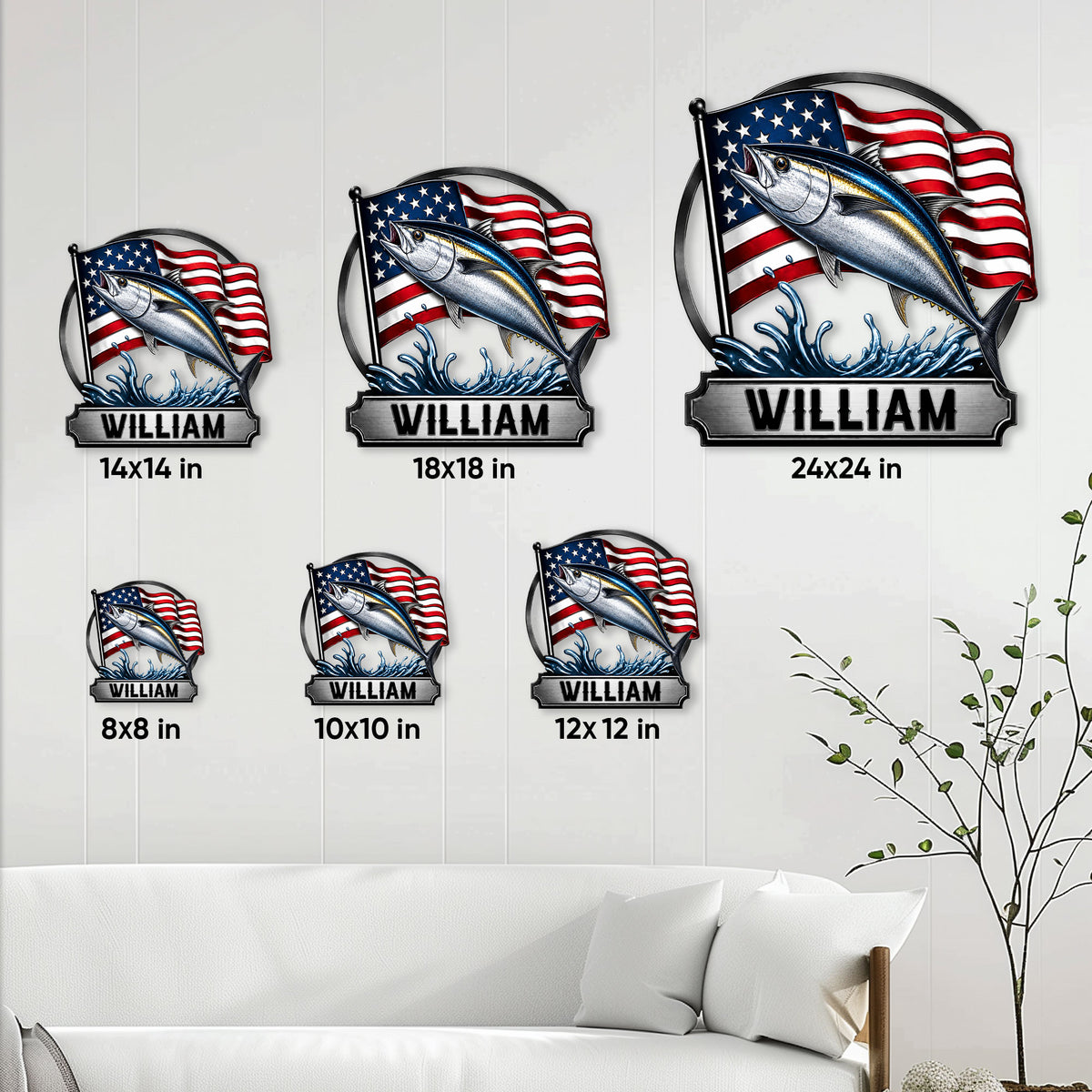 Fishing metal sign size guide showing six available square sizes from 8 by 8 to 24 by 24 inches