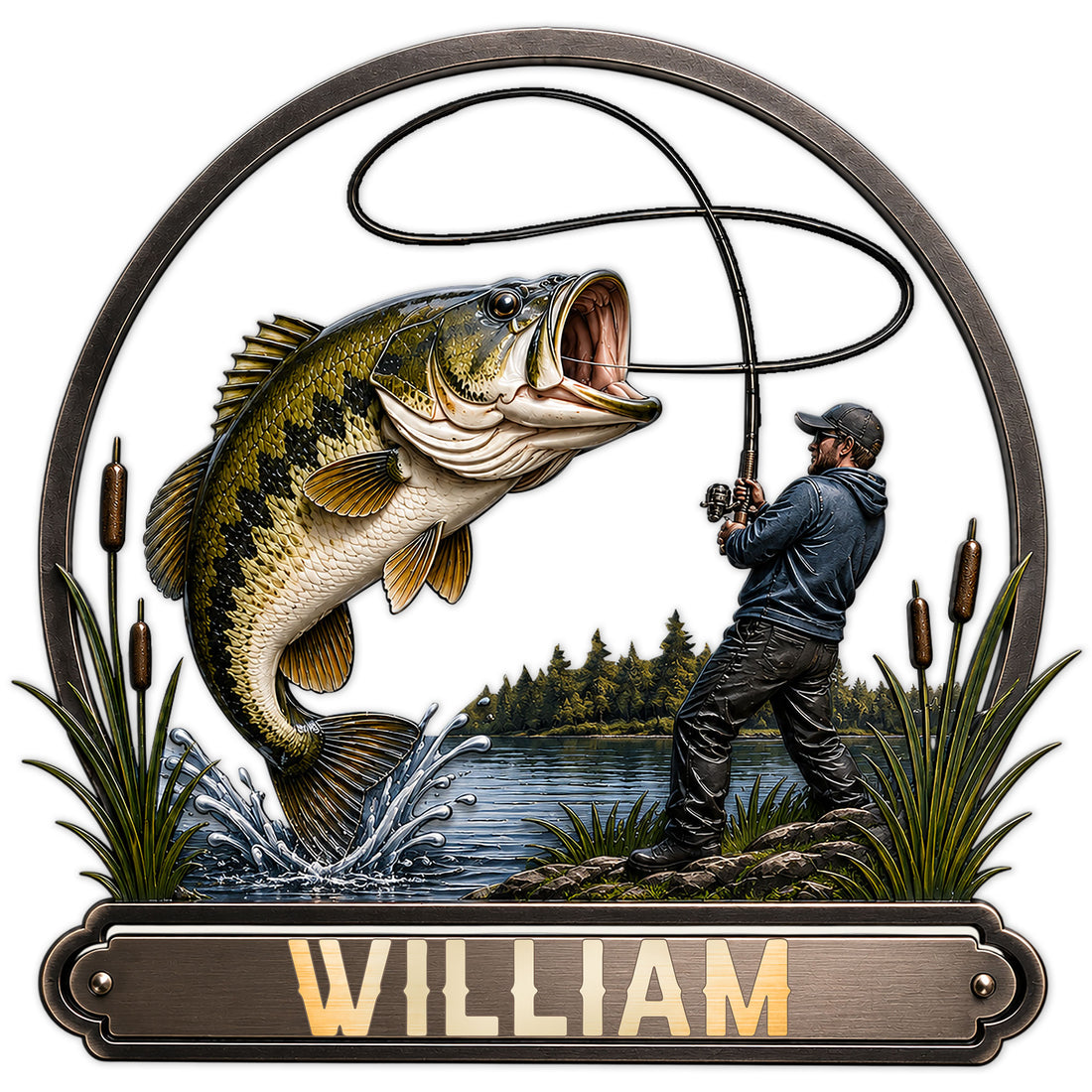 Custom bass fishing metal sign featuring a leaping largemouth bass, angler, fishing rod, lake, and cattails