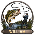Custom bass fishing metal sign featuring a leaping largemouth bass, angler, fishing rod, lake, and cattails