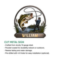 Bass fishing metal sign product graphic showing the angler design and cut metal sign features