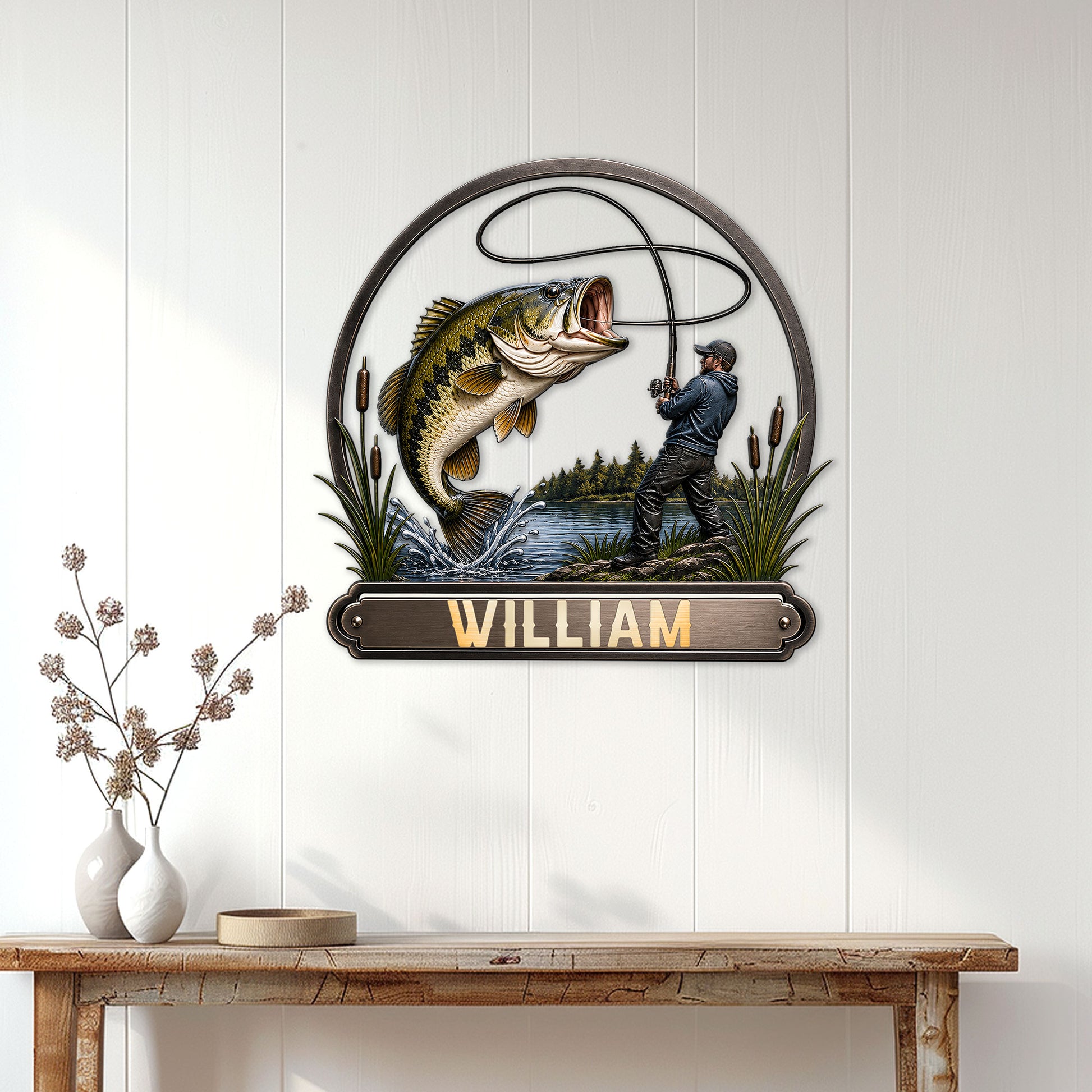 Bass fishing wall sign displayed on a light paneled wall above a console table