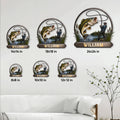 Bass fishing metal sign size guide showing available 8x8 through 24x24 inch options