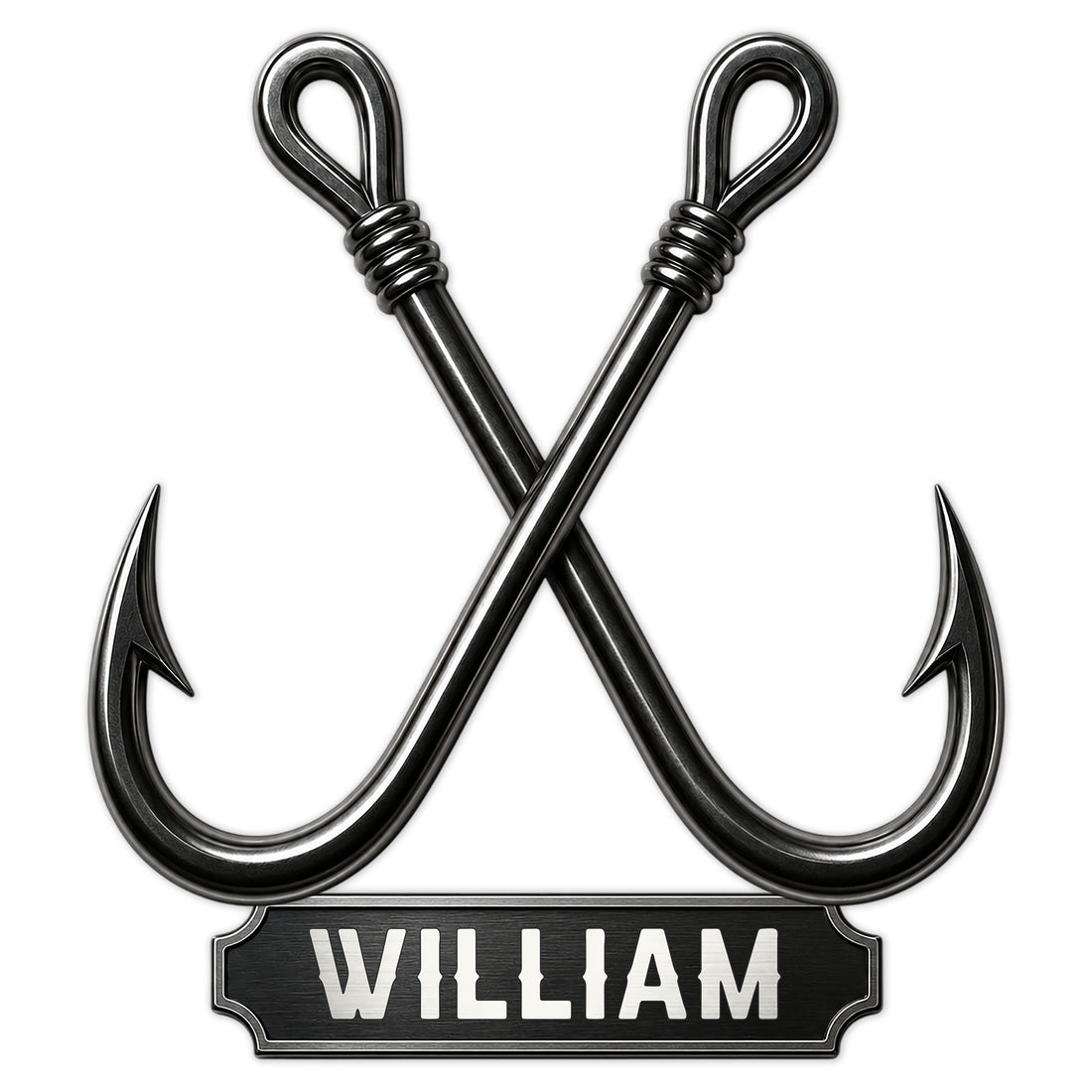 Black metal fishing sign featuring two crossed fish hooks and a bold decorative base